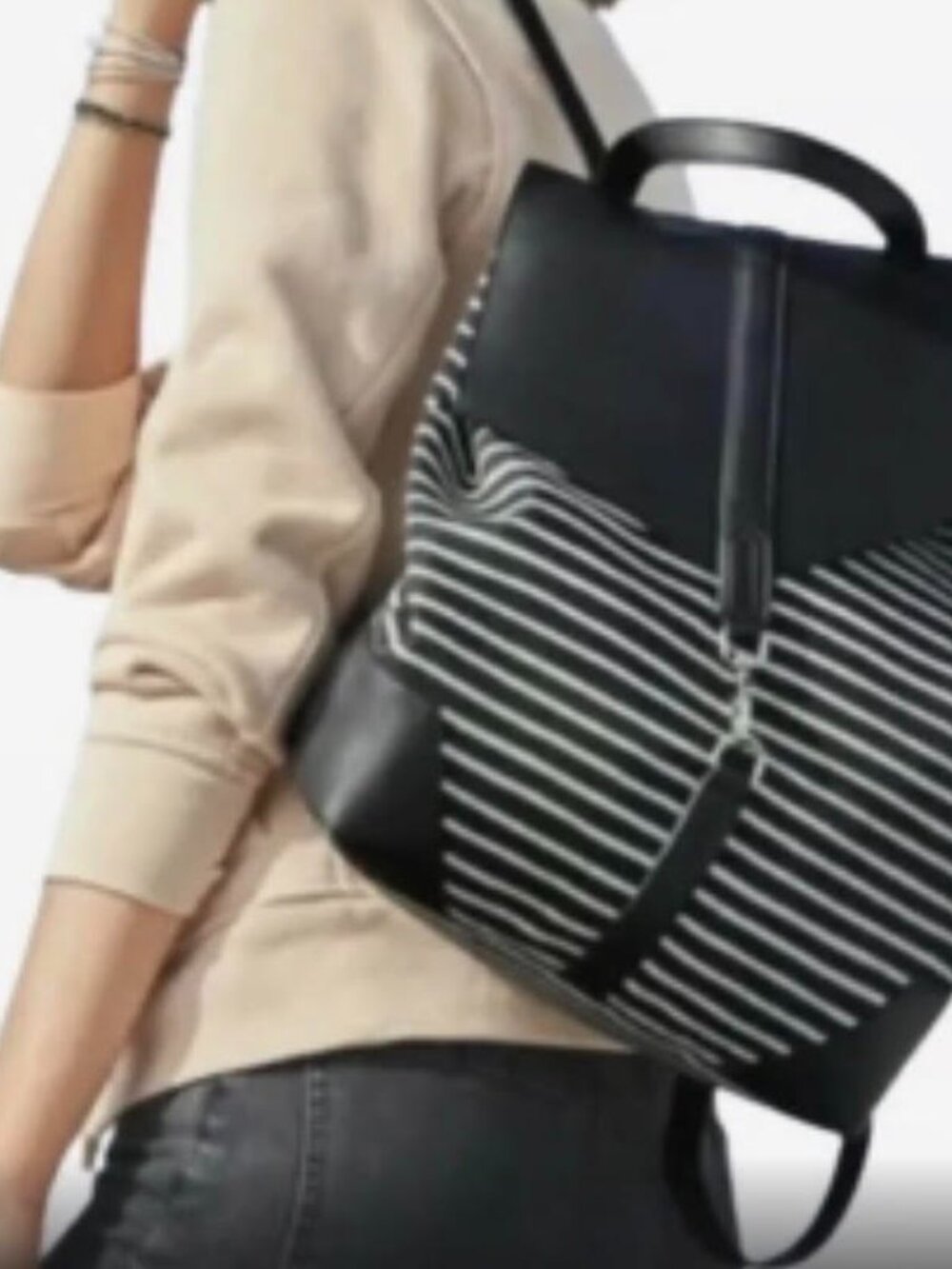 Stella & Dot Ava Black & Cream Striped Backpack With Distinctive Silver Clasp